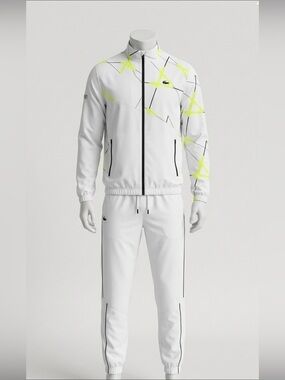 Lacoste White Track Suit Jacket & Pants Set with Neon Yellow Accents